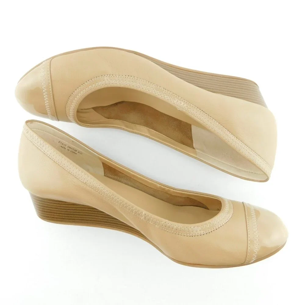 COLE HAAN Nude Beige Leather Cap Toe Wedge Ballet Heels 9.5 C